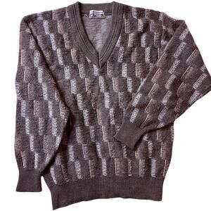Vintage Weekend Swinger British Wool brown textured knit sweater V neck size L